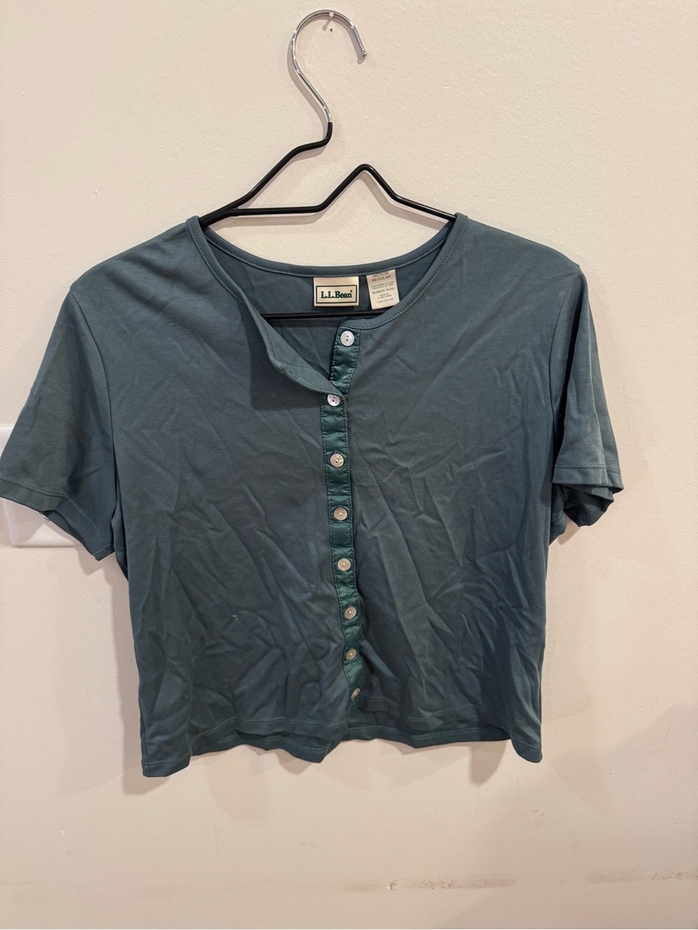 L.L. Bean Teal Short-Sleeve Button-Front Crop Top